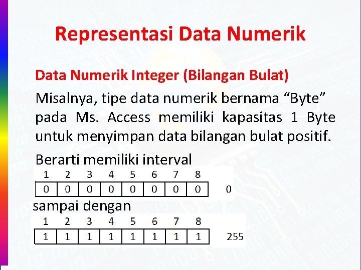Representasi Data Numerik Integer (Bilangan Bulat) Misalnya, tipe data numerik bernama “Byte” pada Ms.