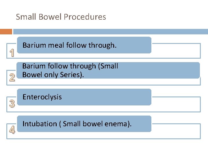 Small Bowel Procedures 1 2 3 4 Barium meal follow through. Barium follow through