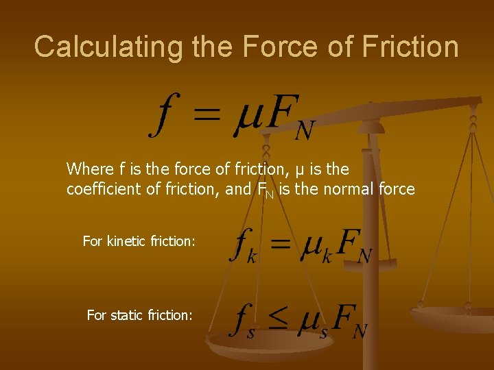 Calculating the Force of Friction Where f is the force of friction, μ is