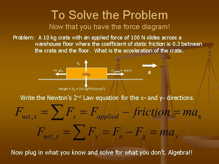 To Solve the Problem Now that you have the force diagram! Problem: A 10