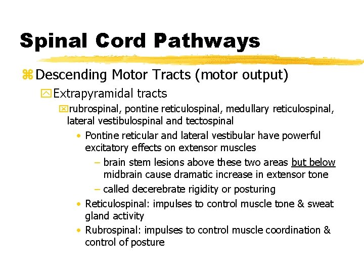 Spinal Cord Pathways z Descending Motor Tracts (motor output) y. Extrapyramidal tracts xrubrospinal, pontine