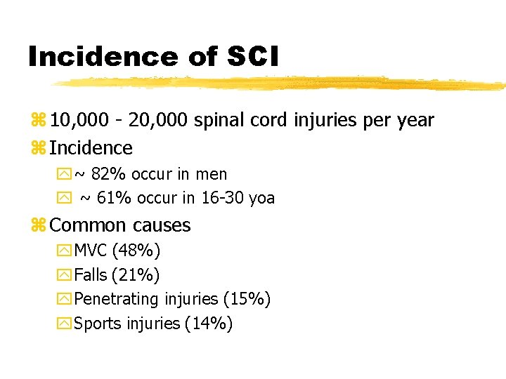 Incidence of SCI z 10, 000 - 20, 000 spinal cord injuries per year