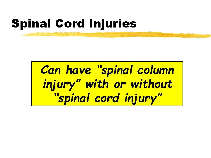 Spinal Cord Injuries Can have “spinal column injury” with or without “spinal cord injury”