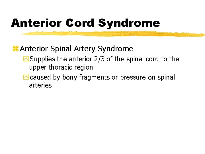 Anterior Cord Syndrome z Anterior Spinal Artery Syndrome y. Supplies the anterior 2/3 of