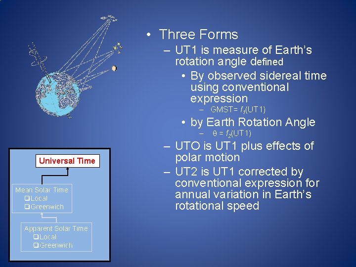 • Three Forms – UT 1 is measure of Earth’s rotation angle defined • Three Forms – UT 1 is measure of Earth’s rotation angle defined