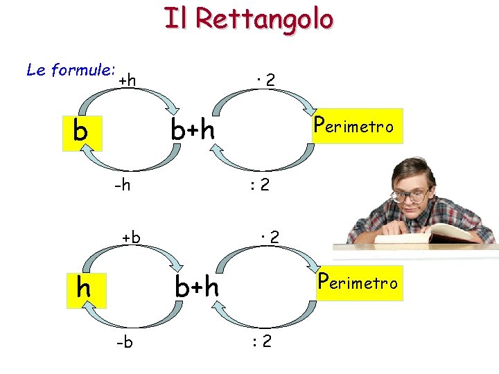 Il Rettangolo Le formule: +h · 2 Perimetro b+h b : 2 -h +b