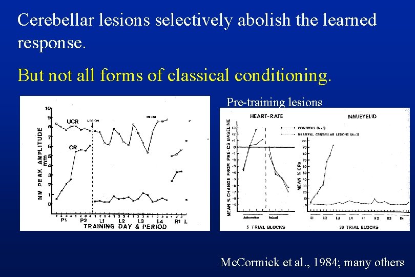 Cerebellar lesions selectively abolish the learned response. But not all forms of classical conditioning.