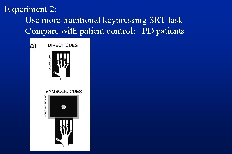 Experiment 2: Use more traditional keypressing SRT task Compare with patient control: PD patients