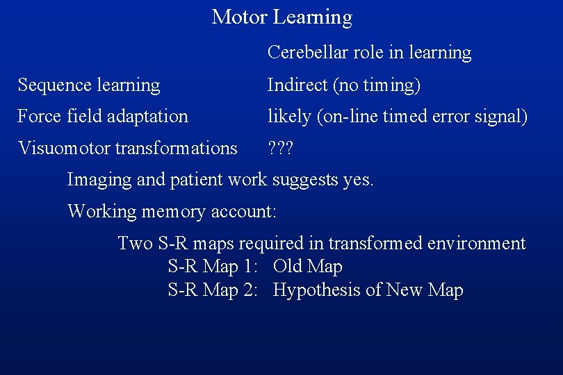 Motor Learning Cerebellar role in learning Sequence learning Indirect (no timing) Force field adaptation