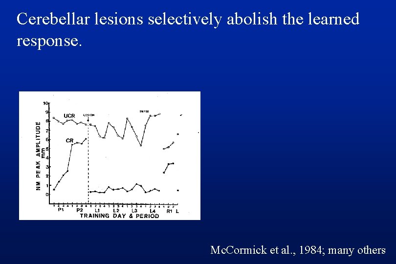 Cerebellar lesions selectively abolish the learned response. Mc. Cormick et al. , 1984; many