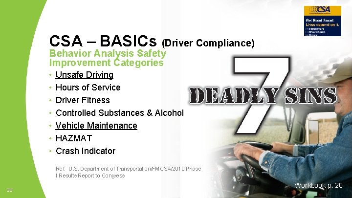 CSA – BASICs (Driver Compliance) Behavior Analysis Safety Improvement Categories • • Unsafe Driving