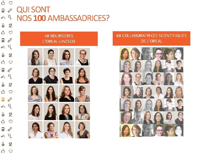 QUI SONT NOS 100 AMBASSADRICES? 40 BOURSIERES L’OREAL-UNESCO 60 COLLABORATRICES SCIENTIFIQUES DE L’OREAL QUI SONT NOS 100 AMBASSADRICES? 40 BOURSIERES L’OREAL-UNESCO 60 COLLABORATRICES SCIENTIFIQUES DE L’OREAL