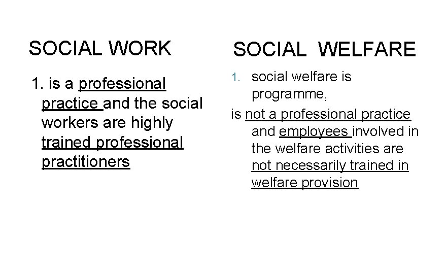 SOCIAL WORK SOCIAL WELFARE 1. is a professional practice and the social workers are