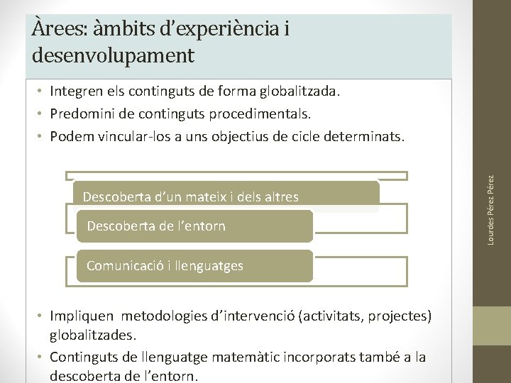 Àrees: àmbits d’experiència i desenvolupament Descoberta d’un mateix i dels altres Descoberta de l’entorn Àrees: àmbits d’experiència i desenvolupament Descoberta d’un mateix i dels altres Descoberta de l’entorn