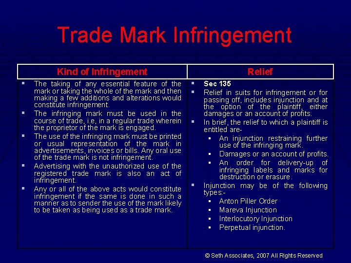 Trade Mark Infringement Kind of Infringement § § § The taking of any essential