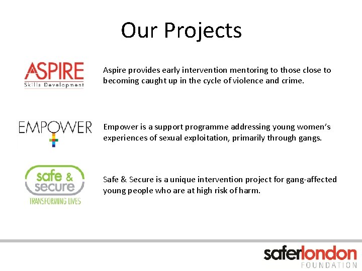 Our Projects Aspire provides early intervention mentoring to those close to becoming caught up