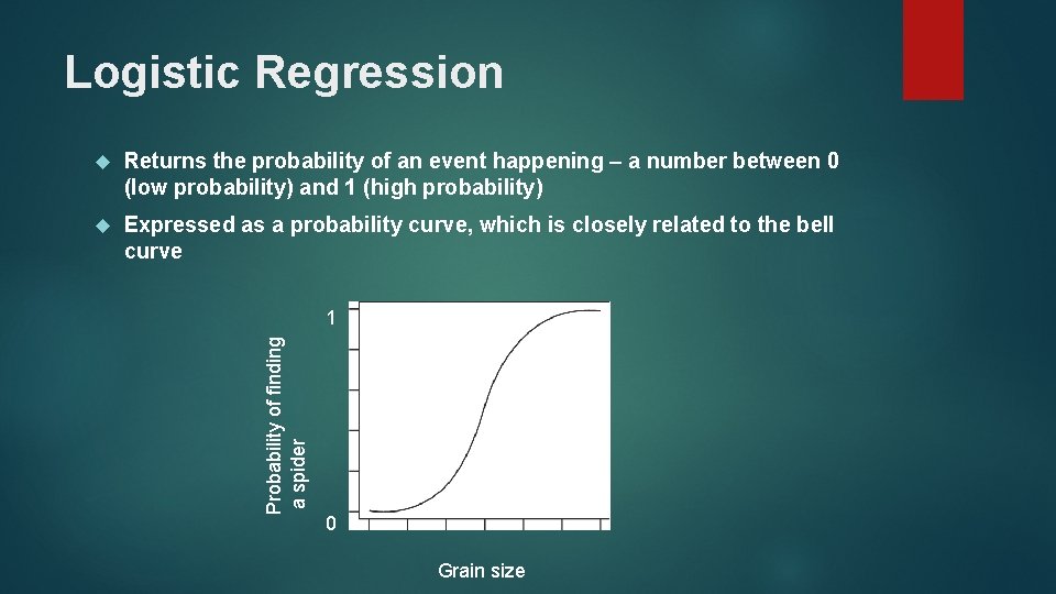 Logistic Regression Returns the probability of an event happening – a number between 0