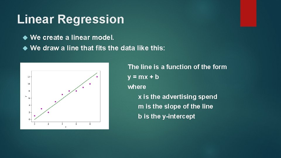 Linear Regression We create a linear model. We draw a line that fits the