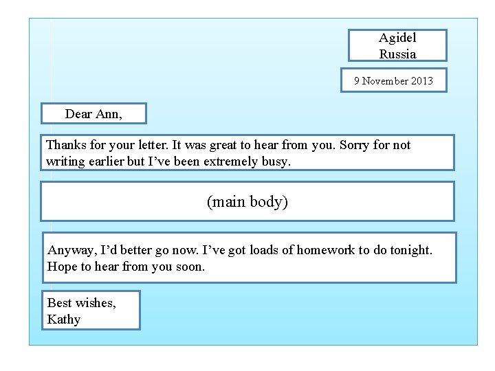 Agidel Russia 9 November 2013 Dear Ann, Thanks for your letter. It was great