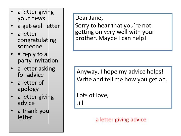  • a letter giving your news • a get-well letter • a letter