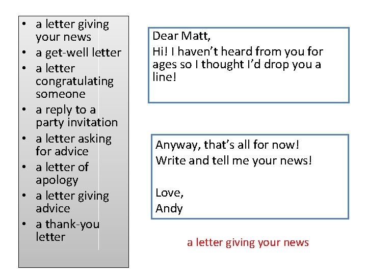  • a letter giving your news • a get-well letter • a letter