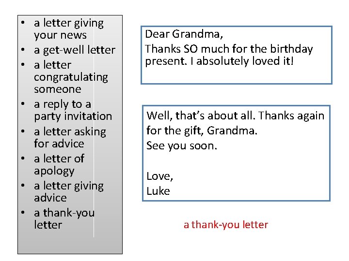  • a letter giving your news • a get-well letter • a letter