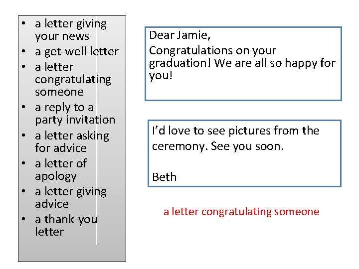  • a letter giving your news • a get-well letter • a letter