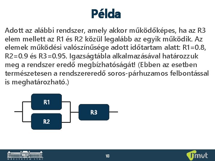 Példa Adott az alábbi rendszer, amely akkor működőképes, ha az R 3 elem mellett Példa Adott az alábbi rendszer, amely akkor működőképes, ha az R 3 elem mellett