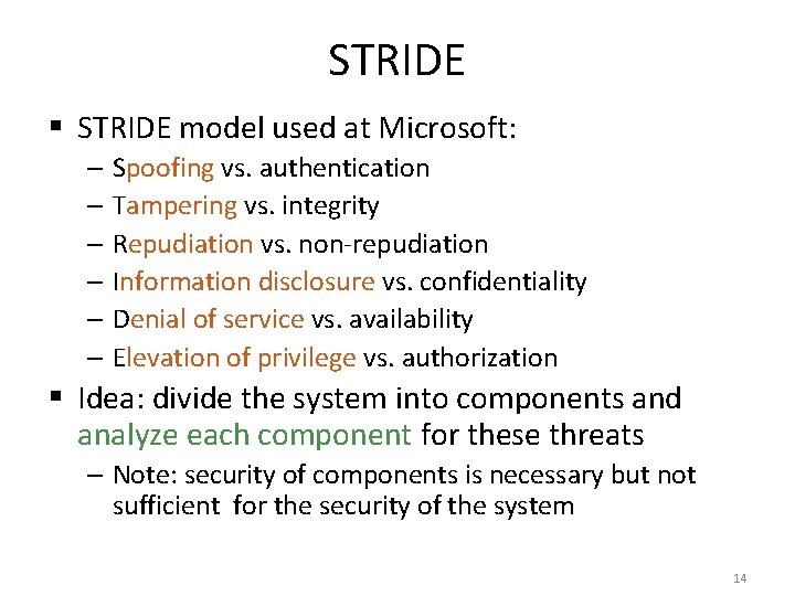 STRIDE § STRIDE model used at Microsoft: – Spoofing vs. authentication – Tampering vs.