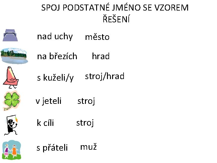 SPOJ PODSTATNÉ JMÉNO SE VZOREM ŘEŠENÍ nad uchy město na březích s kuželi/y hrad