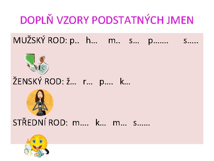 DOPLŇ VZORY PODSTATNÝCH JMEN MUŽSKÝ ROD: p. . h… m. . s… p……. ŽENSKÝ