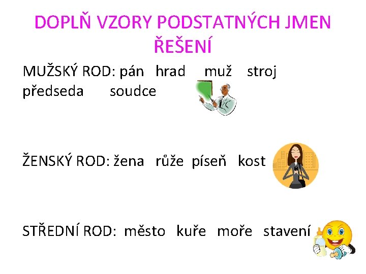 DOPLŇ VZORY PODSTATNÝCH JMEN ŘEŠENÍ MUŽSKÝ ROD: pán hrad předseda soudce muž stroj ŽENSKÝ