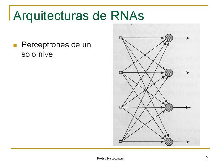 Arquitecturas de RNAs n Perceptrones de un solo nivel Redes Neuronales 9 