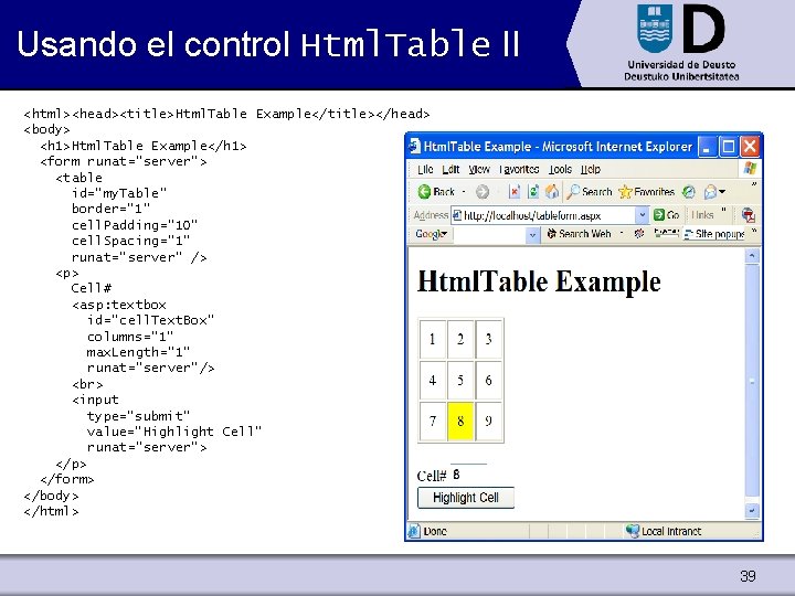 Usando el control Html. Table II <html><head><title>Html. Table Example</title></head> <body> <h 1>Html. Table Example</h