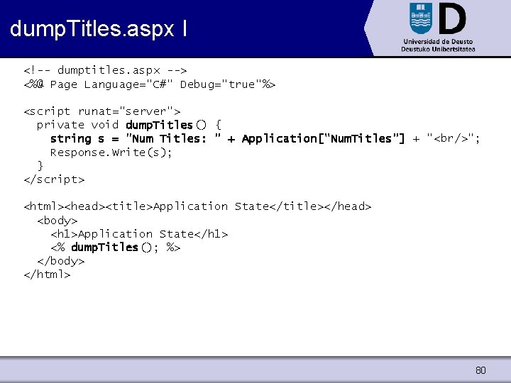 dump. Titles. aspx I <!-- dumptitles. aspx --> <%@ Page Language="C#" Debug="true"%> <script runat="server">