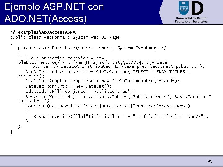 Ejemplo ASP. NET con ADO. NET(Access) // examplesADOAccess. ASPX public class Web. Form 1