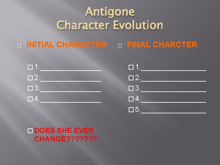 Antigone Character Evolution � INITIAL CHARACTER � FINAL CHARCTER � 1. ________________ � 2.