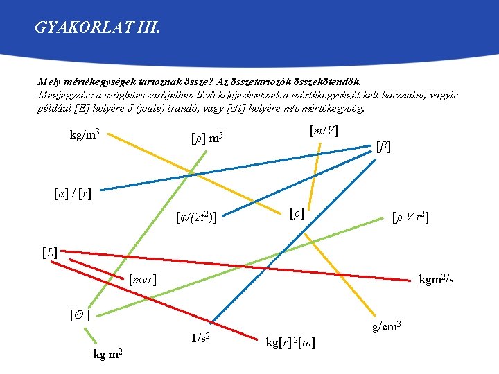 GYAKORLAT III. Mely mértékegységek tartoznak össze? Az összetartozók összekötendők. Megjegyzés: a szögletes zárójelben lévő