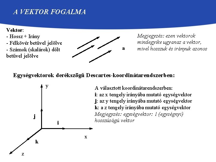 A VEKTOR FOGALMA Vektor: - Hossz + Irány - Félkövér betűvel jelölve - Számok