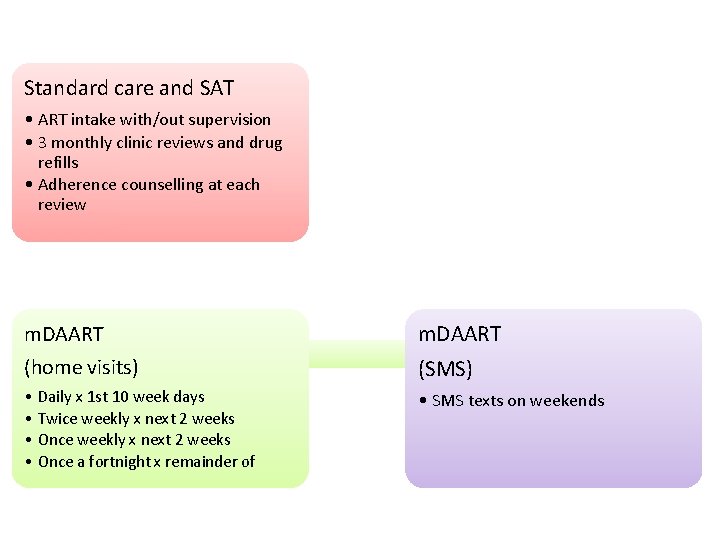 Standard care and SAT • ART intake with/out supervision • 3 monthly clinic reviews