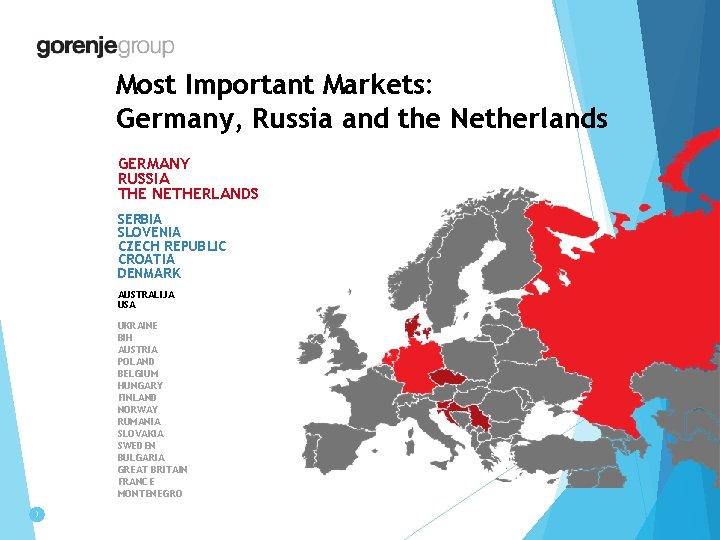 Most Important Markets: Germany, Russia and the Netherlands GERMANY RUSSIA THE NETHERLANDS SERBIA SLOVENIA