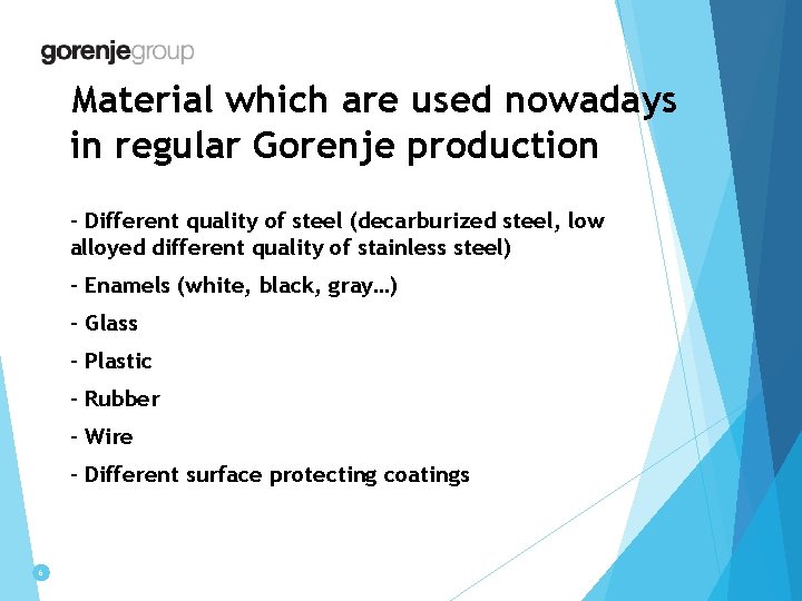 Material which are used nowadays in regular Gorenje production - Different quality of steel