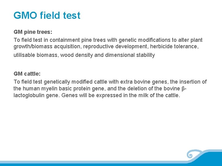 GMO field test GM pine trees: To field test in containment pine trees with