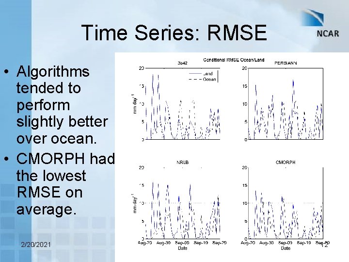 Time Series: RMSE • Algorithms tended to perform slightly better over ocean. • CMORPH