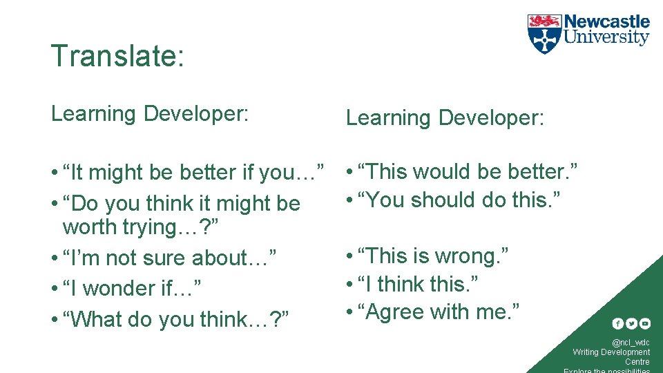 Translate: Learning Developer: • “It might be better if you…” • “Do you think