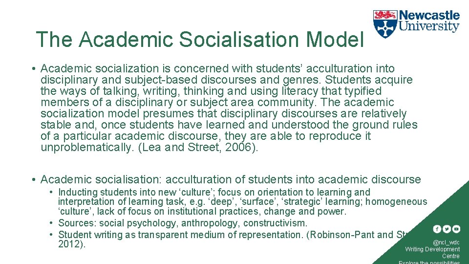 The Academic Socialisation Model • Academic socialization is concerned with students’ acculturation into disciplinary