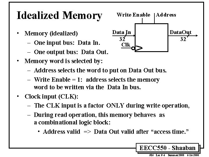 Idealized Memory Write Enable Address Data In Data. Out • Memory (idealized) 32 32