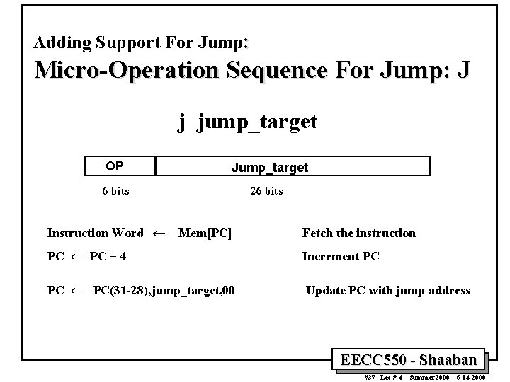 Adding Support For Jump: Micro-Operation Sequence For Jump: J j jump_target OP Jump_target 6