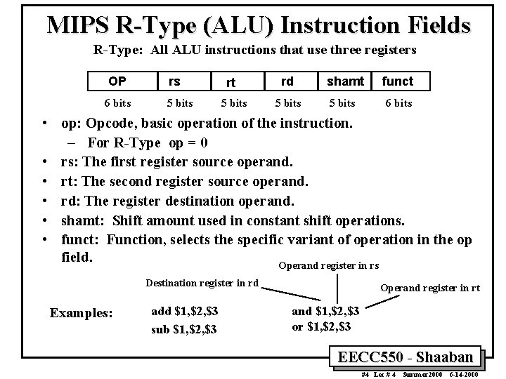 MIPS R-Type (ALU) Instruction Fields R-Type: All ALU instructions that use three registers OP