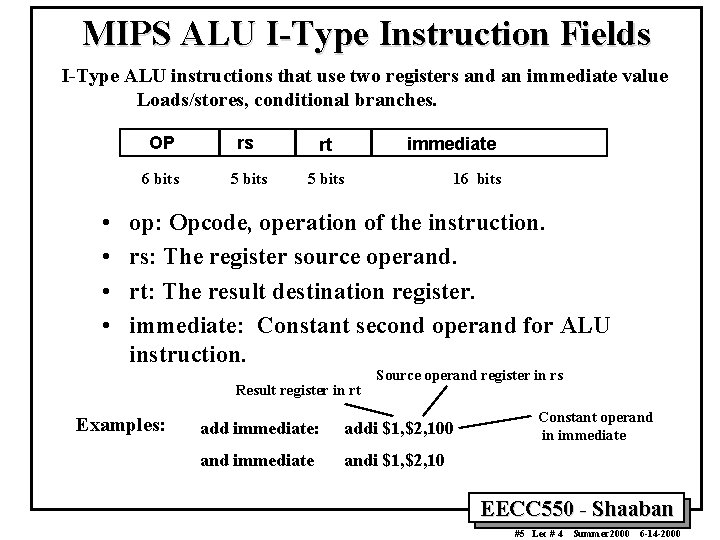 MIPS ALU I-Type Instruction Fields I-Type ALU instructions that use two registers and an